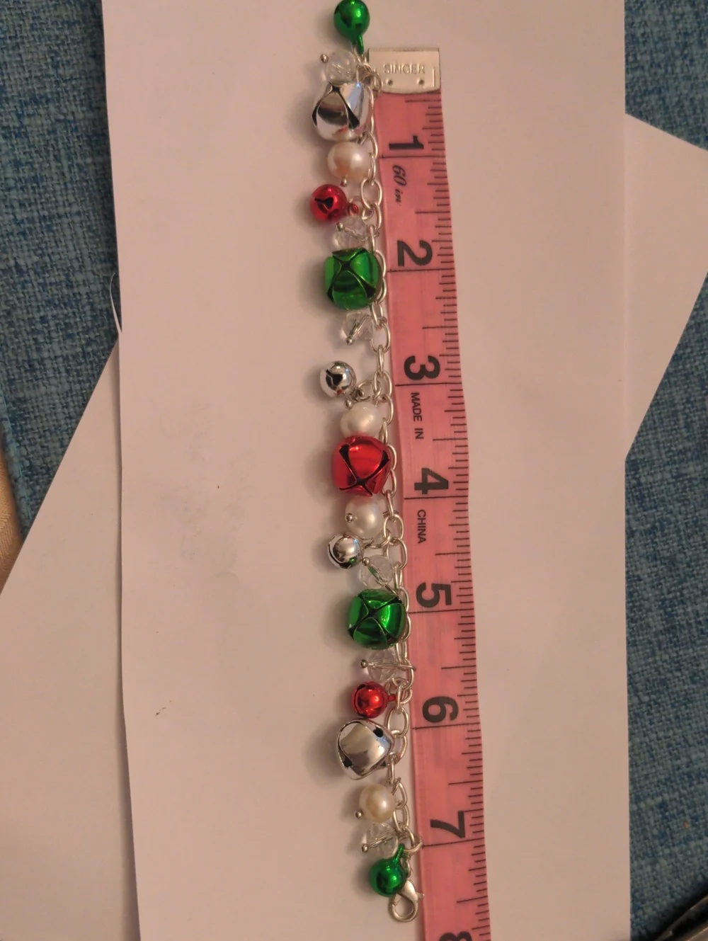 Festive Green & Red Bell, Pearl , Crystal Charm Bracelet, Adjustable 7 1/2